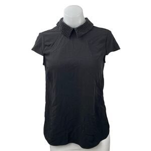 Catherine Malandrino Women's Black Beaded Collar Short Cap Sleeve Blosue Top XS